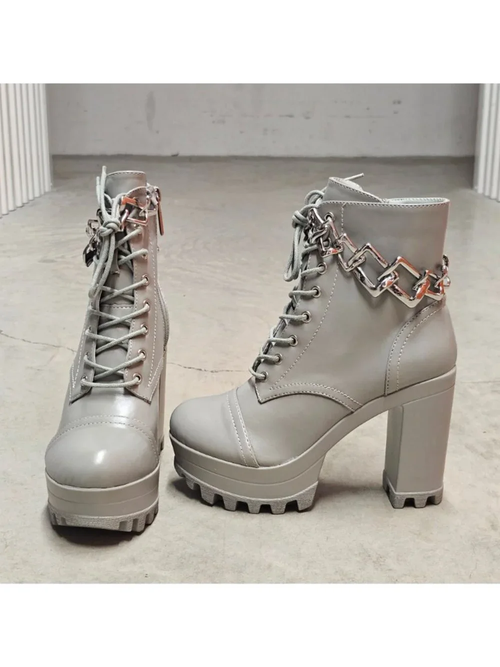 Chunky Platform Lace-Up Ankle Boots With Chain Detail In Light Olive Faux Leathe